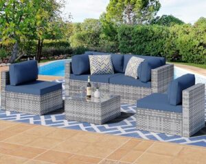 shintenchi 5 pieces outdoor patio sectional sofa couch, silver gray pe wicker furniture conversation sets with washable cushions & glass coffee table for garden, poolside, backyard (aegean blue)