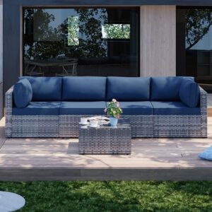 Shintenchi 5 Pieces Outdoor Patio Sectional Sofa Couch, Silver Gray PE Wicker Furniture Conversation Sets with Washable Cushions & Glass Coffee Table for Garden, Poolside, Backyard (Aegean Blue)