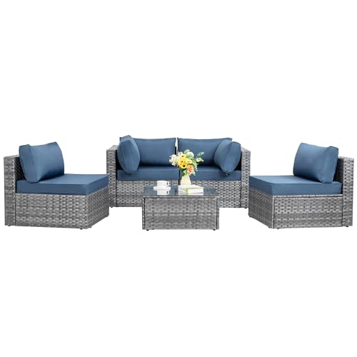 Shintenchi 5 Pieces Outdoor Patio Sectional Sofa Couch, Silver Gray PE Wicker Furniture Conversation Sets with Washable Cushions & Glass Coffee Table for Garden, Poolside, Backyard (Aegean Blue)