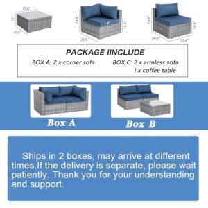 Shintenchi 5 Pieces Outdoor Patio Sectional Sofa Couch, Silver Gray PE Wicker Furniture Conversation Sets with Washable Cushions & Glass Coffee Table for Garden, Poolside, Backyard (Aegean Blue)