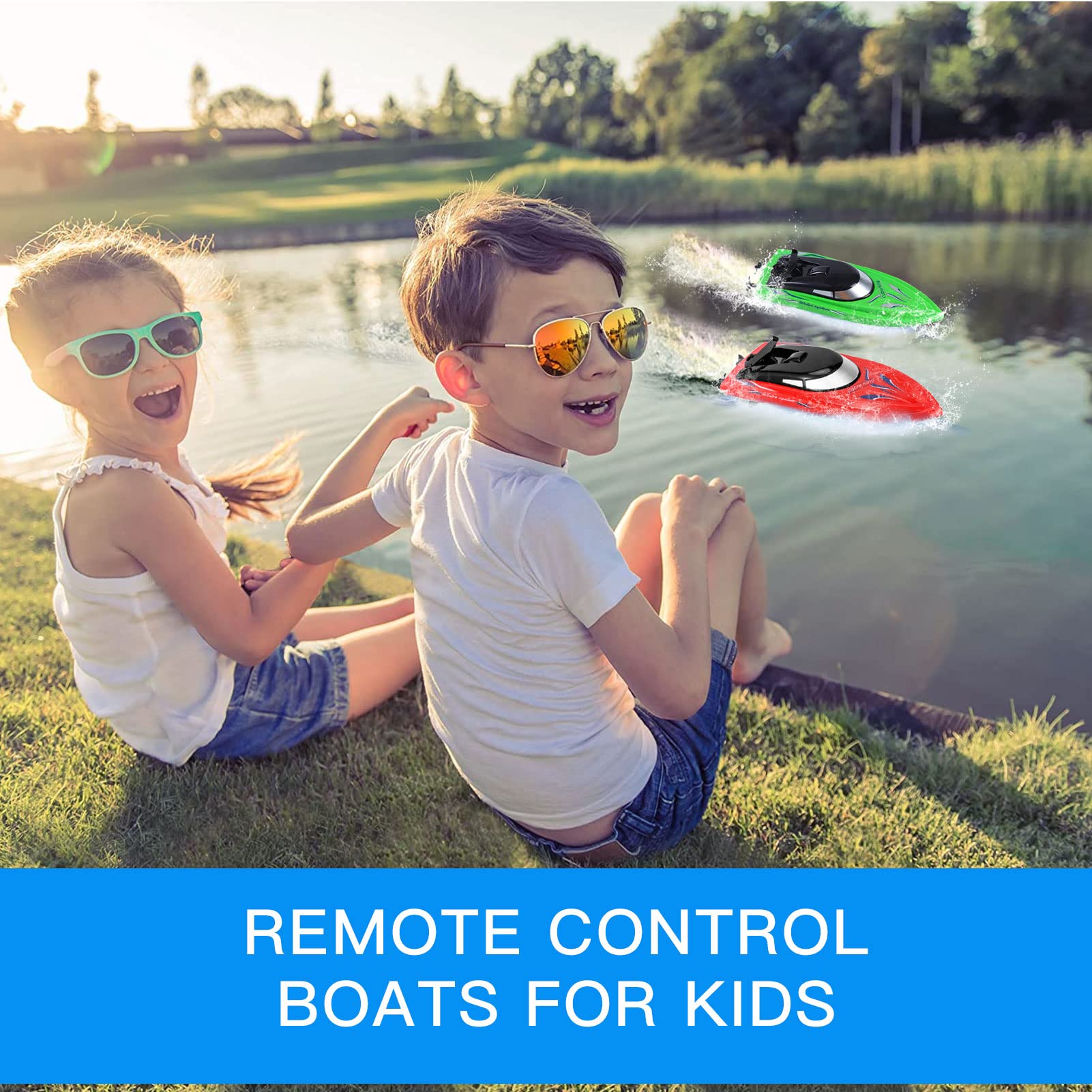 Lumiparty 2PACK RC Boat,Remote Control Boats for Kids and Adults,10km/H 2.4G High Speed Remote Control Boat,Fast RC Boats for Pools and Lakes with 4 Rechargeable Battery.(Red+Green)