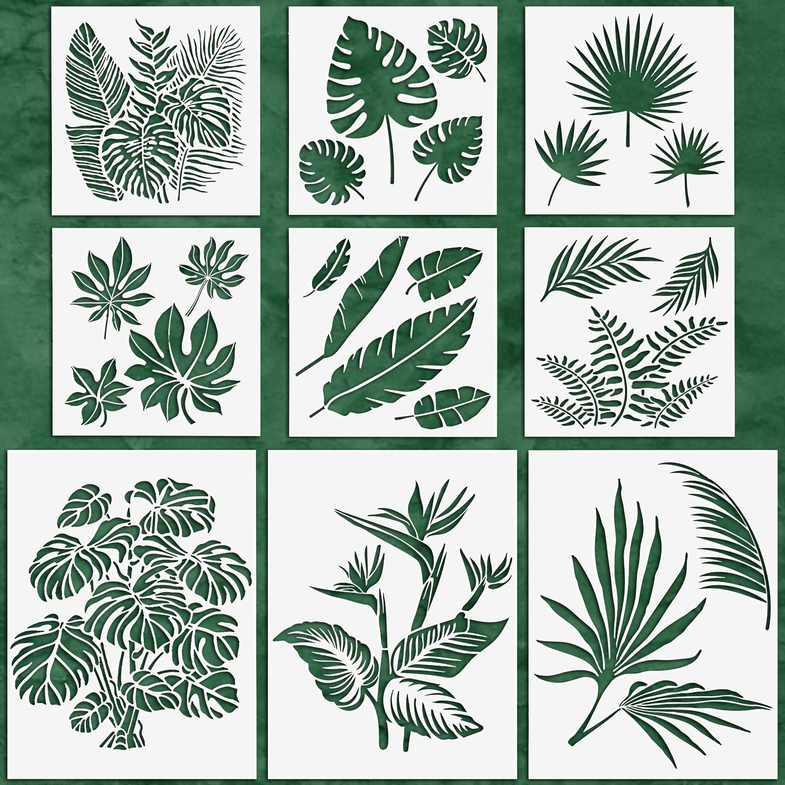 9 Pieces Reusable Painting Stencil Tropical Stencil Plastic Paint Stencils Summer Pattern Drawing Templates Stencils Reusable Craft Stencils for Painting (Leaves,9.8 x 9.8 Inches, 13.8 x 10.2 Inches)