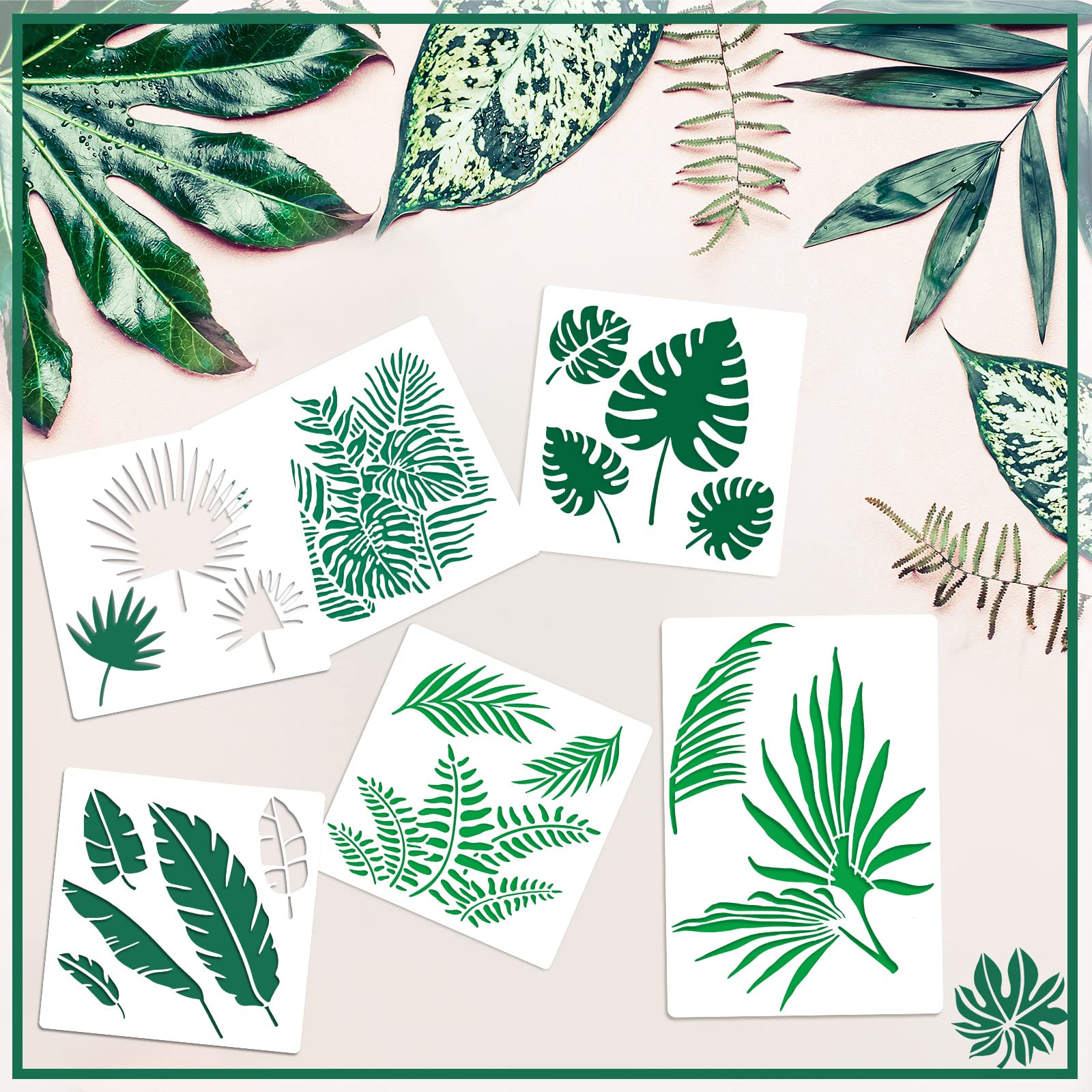 9 Pieces Reusable Painting Stencil Tropical Stencil Plastic Paint Stencils Summer Pattern Drawing Templates Stencils Reusable Craft Stencils for Painting (Leaves,9.8 x 9.8 Inches, 13.8 x 10.2 Inches)