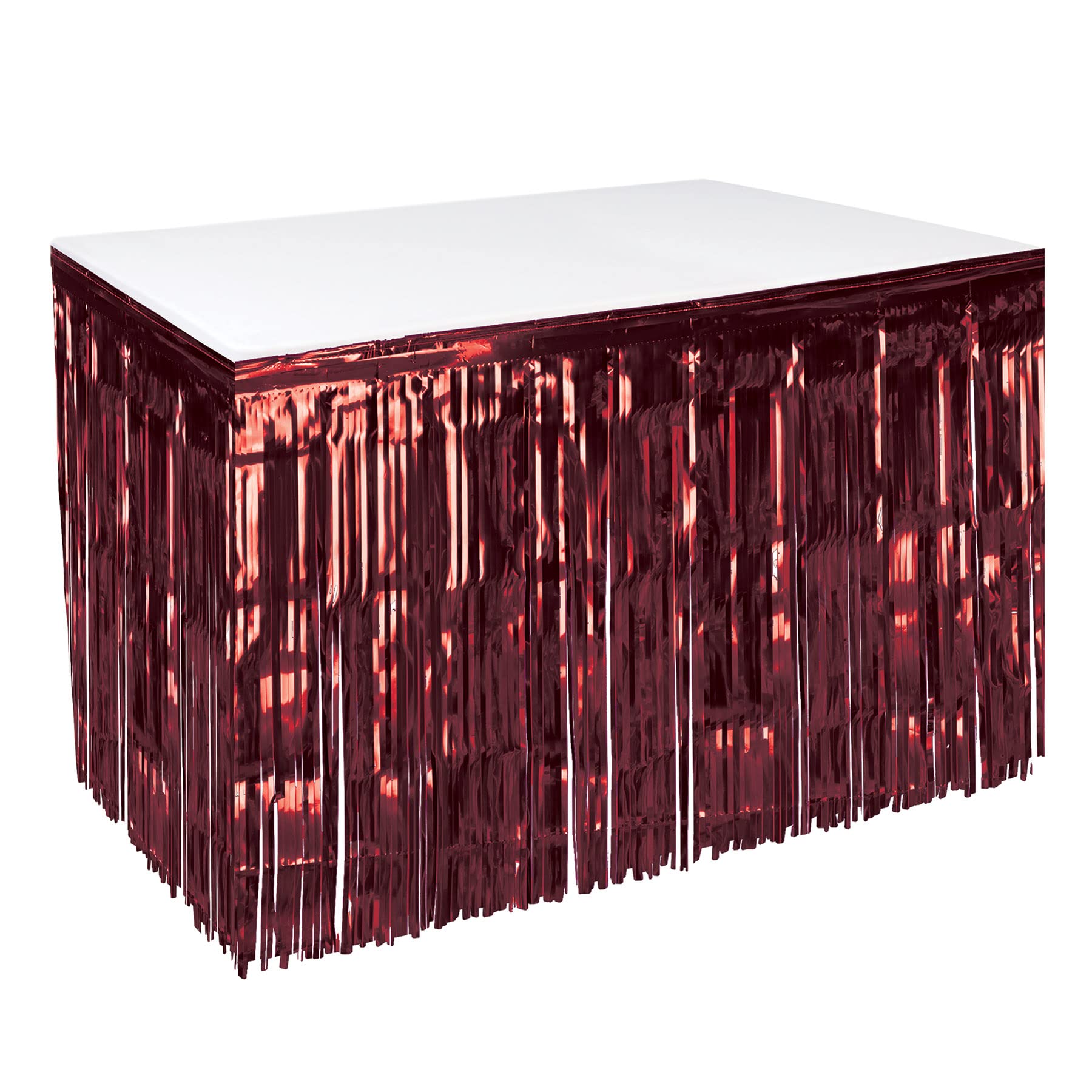 Beistle 1-Ply Metallic Plastic Foil Fringe Table Skirt Parade Floats, Mardi Gras Party, Birthday Decorations, Baby Shower Celebration, Wedding Reception, 30" x 14', Burgundy