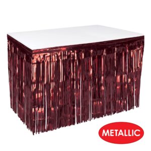 Beistle 1-Ply Metallic Plastic Foil Fringe Table Skirt Parade Floats, Mardi Gras Party, Birthday Decorations, Baby Shower Celebration, Wedding Reception, 30" x 14', Burgundy