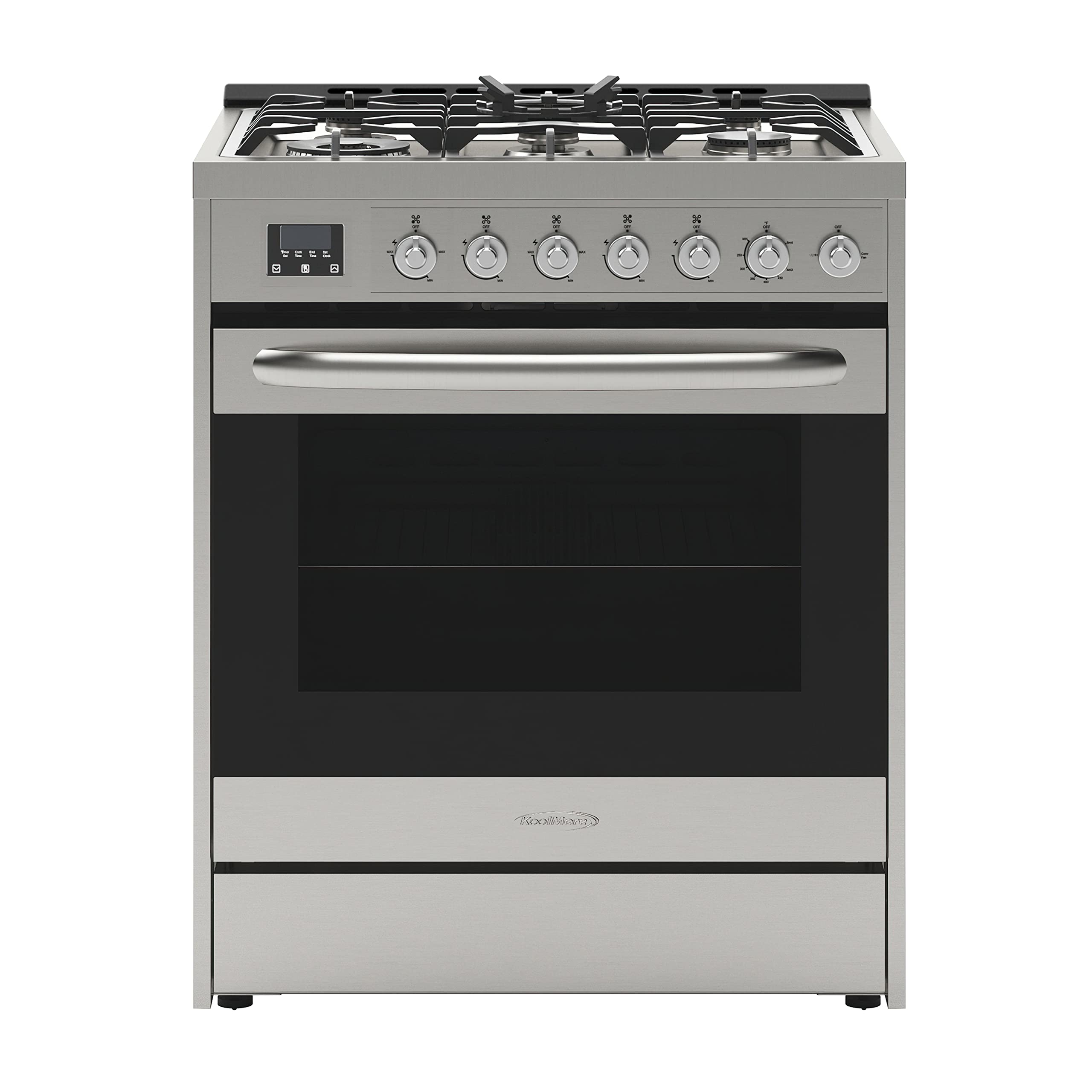 KoolMore KM-FR30G-SS 30” Inch Professional Gas Range Stove with 5 Burner Cooktop, Rapid Convection Oven, and Digital Timer with Heavy-Duty Cast Iron Grates, Stainless-Steel Appliance, 30 Inch, Silver