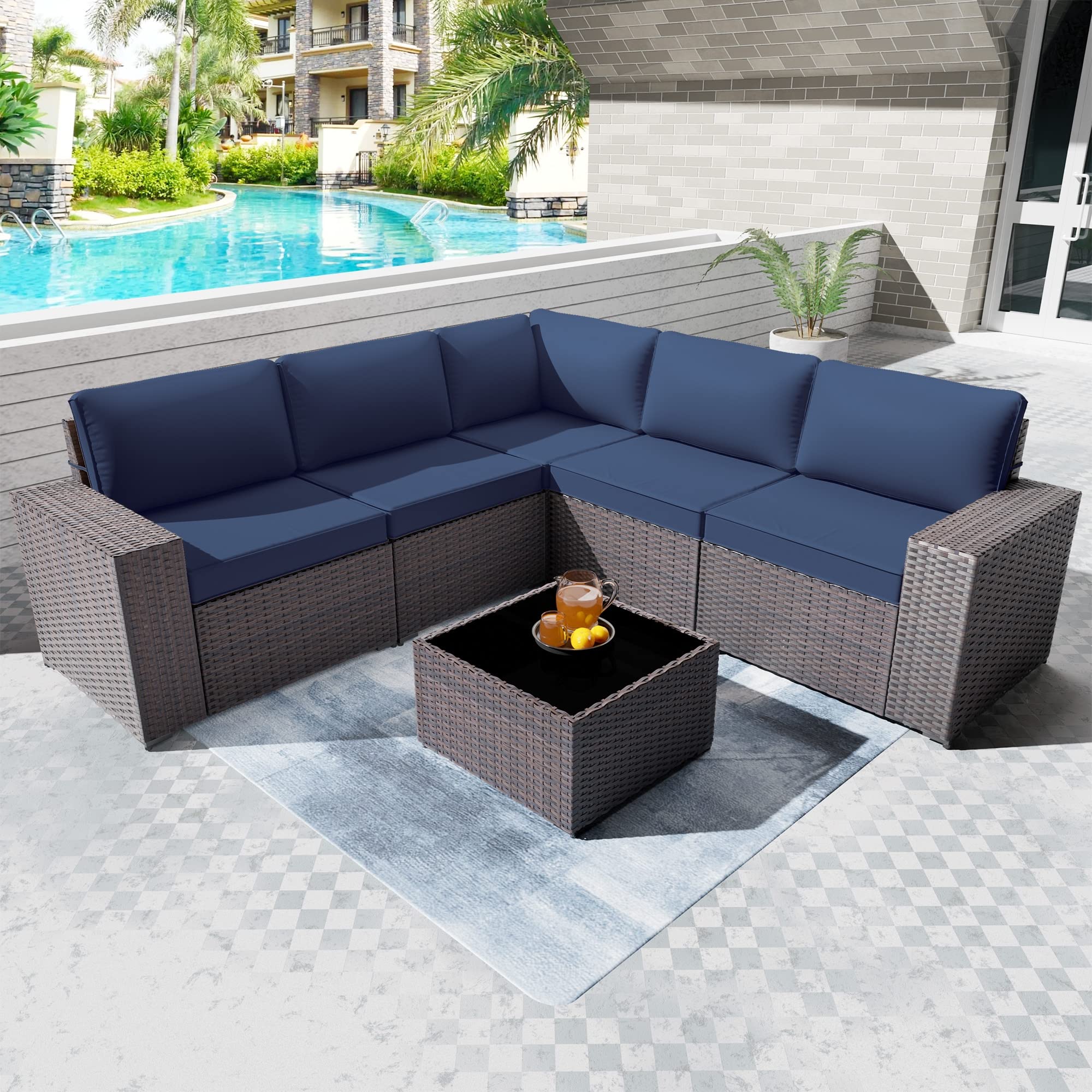 Piltwoff 6 Pieces Outdoor Furniture Patio Set,Modern All-Weather Wicker Patio Conversation Sets with 5 Black&Brown Chairs and Coffee Table, Cushion sets for Garden/Backyard/Balcony(Navy Blue)