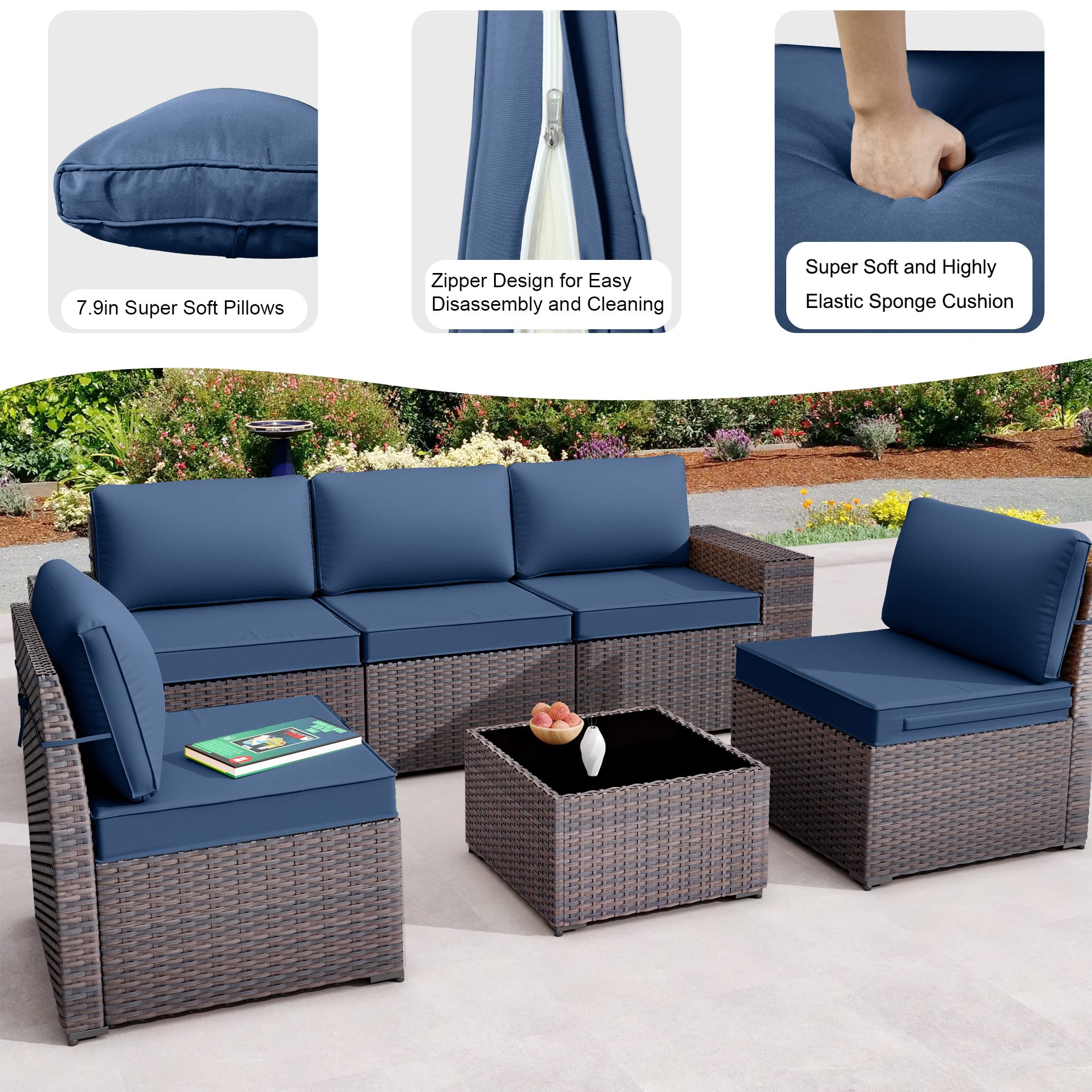 Piltwoff 6 Pieces Outdoor Furniture Patio Set,Modern All-Weather Wicker Patio Conversation Sets with 5 Black&Brown Chairs and Coffee Table, Cushion sets for Garden/Backyard/Balcony(Navy Blue)