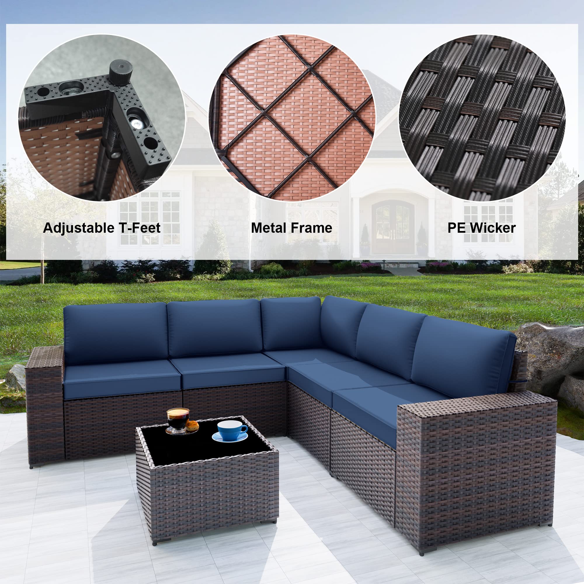 Piltwoff 6 Pieces Outdoor Furniture Patio Set,Modern All-Weather Wicker Patio Conversation Sets with 5 Black&Brown Chairs and Coffee Table, Cushion sets for Garden/Backyard/Balcony(Navy Blue)