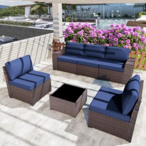 Piltwoff 6 Pieces Outdoor Furniture Patio Set,Modern All-Weather Wicker Patio Conversation Sets with 5 Black&Brown Chairs and Coffee Table, Cushion sets for Garden/Backyard/Balcony(Navy Blue)