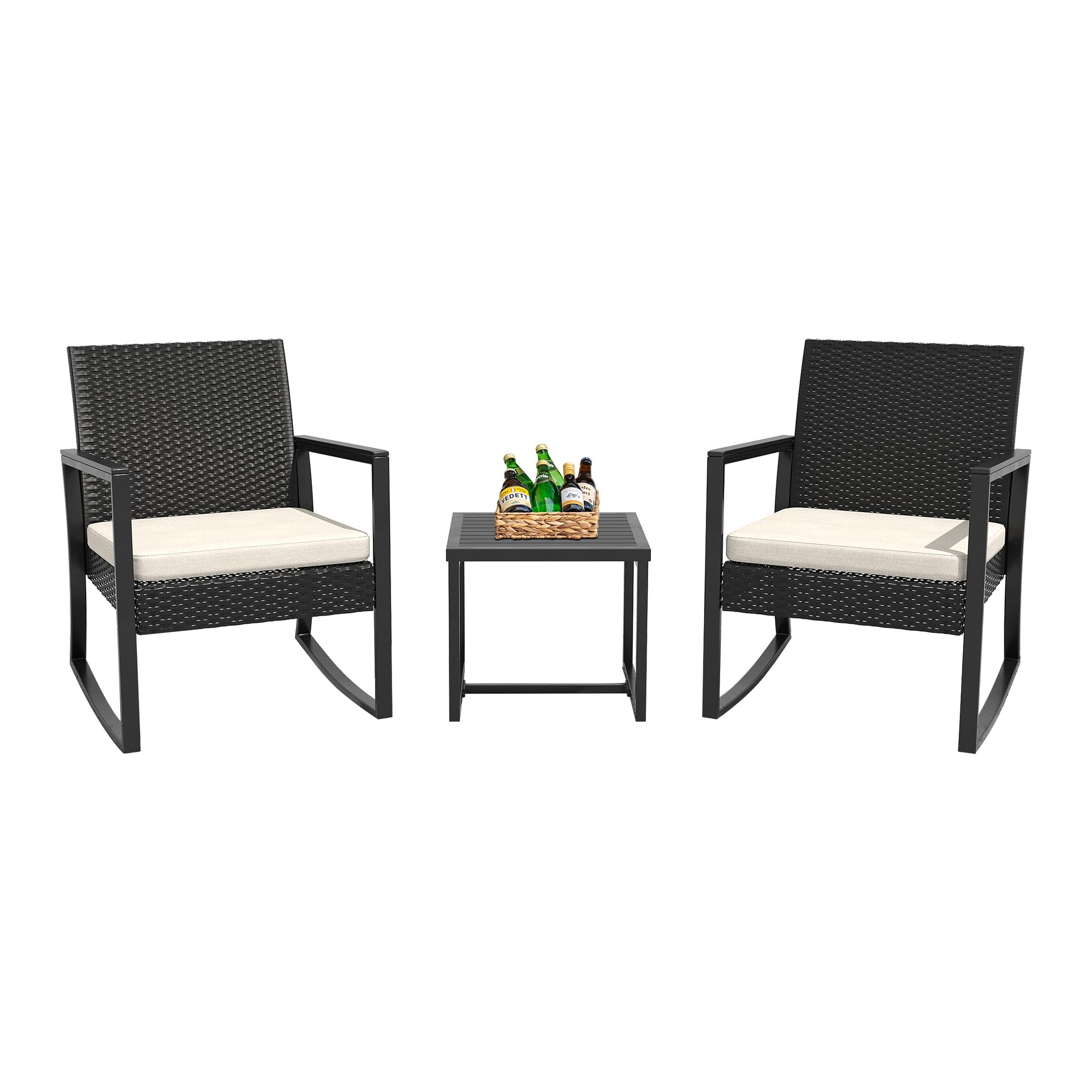 WWR 3 Pieces Outdoor Patio Furniture Set Wicker Rattan Chair Set Patio Bistro Conversation Set 3 Pcs with Coffee Table for Yard & Bistro (Sand)