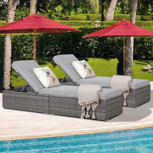 Patiorama Outdoor Patio Chaise Lounge Chair, Elegant Reclining Adjustable Pool Rattan Chaise Lounge Chair with Light Grey Cushion, Grey PE Wicker, Steel Frame, Set of 2