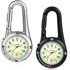 2 pieces clip on quartz watch backpack fob belt watch glow in the dark unisex pocket watch with white dial for doctors nurses outdoor activities (black, silver)