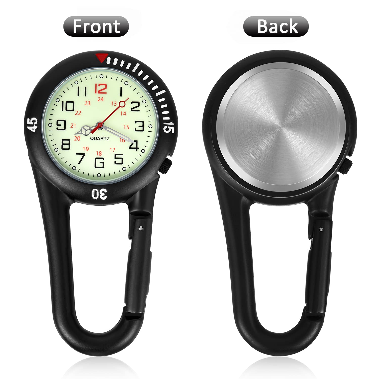 2 Pieces Clip on Quartz Watch Backpack Fob Belt Watch Glow in The Dark Unisex Pocket Watch with White Dial for Doctors Nurses Outdoor Activities (Black, Silver)