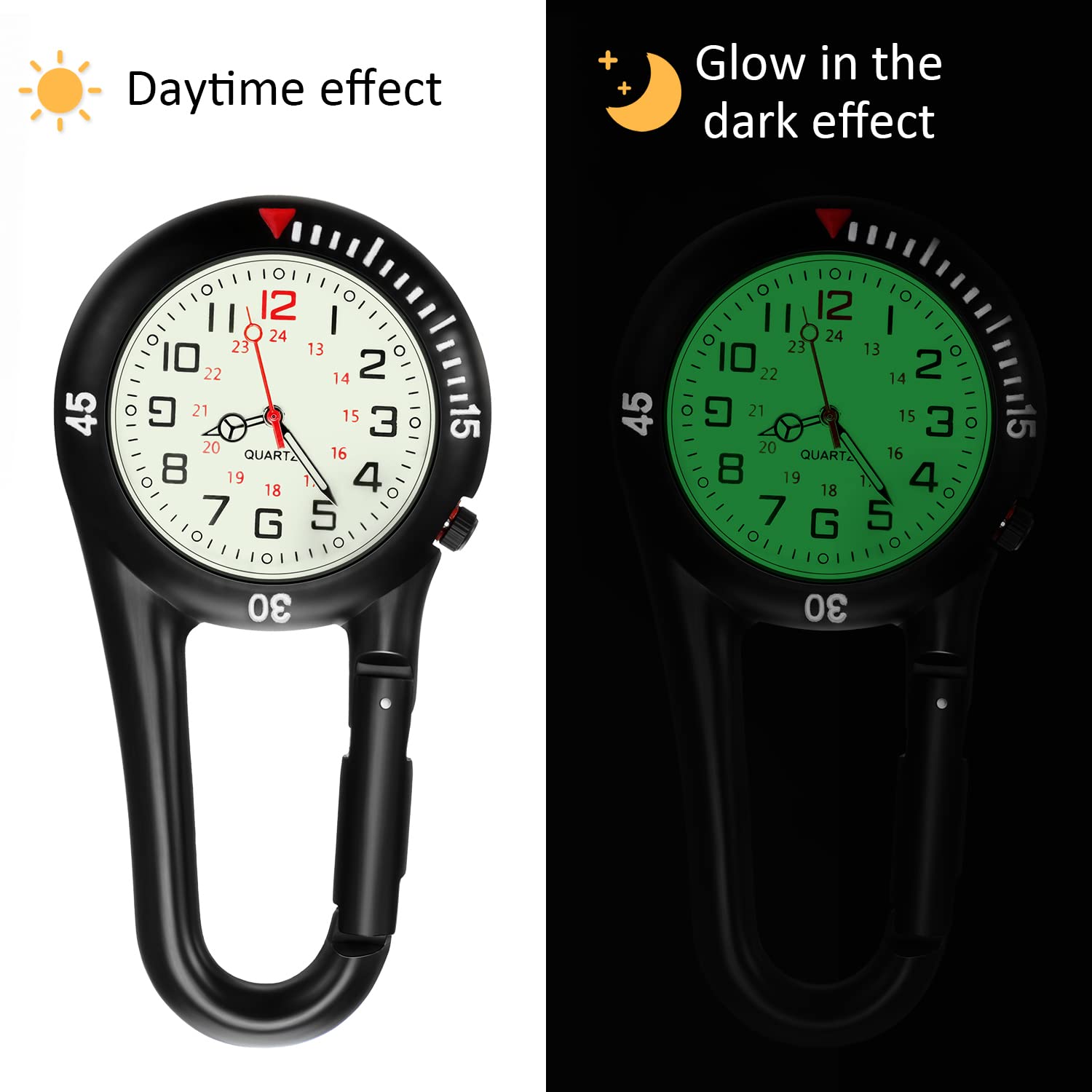 2 Pieces Clip on Quartz Watch Backpack Fob Belt Watch Glow in The Dark Unisex Pocket Watch with White Dial for Doctors Nurses Outdoor Activities (Black, Silver)