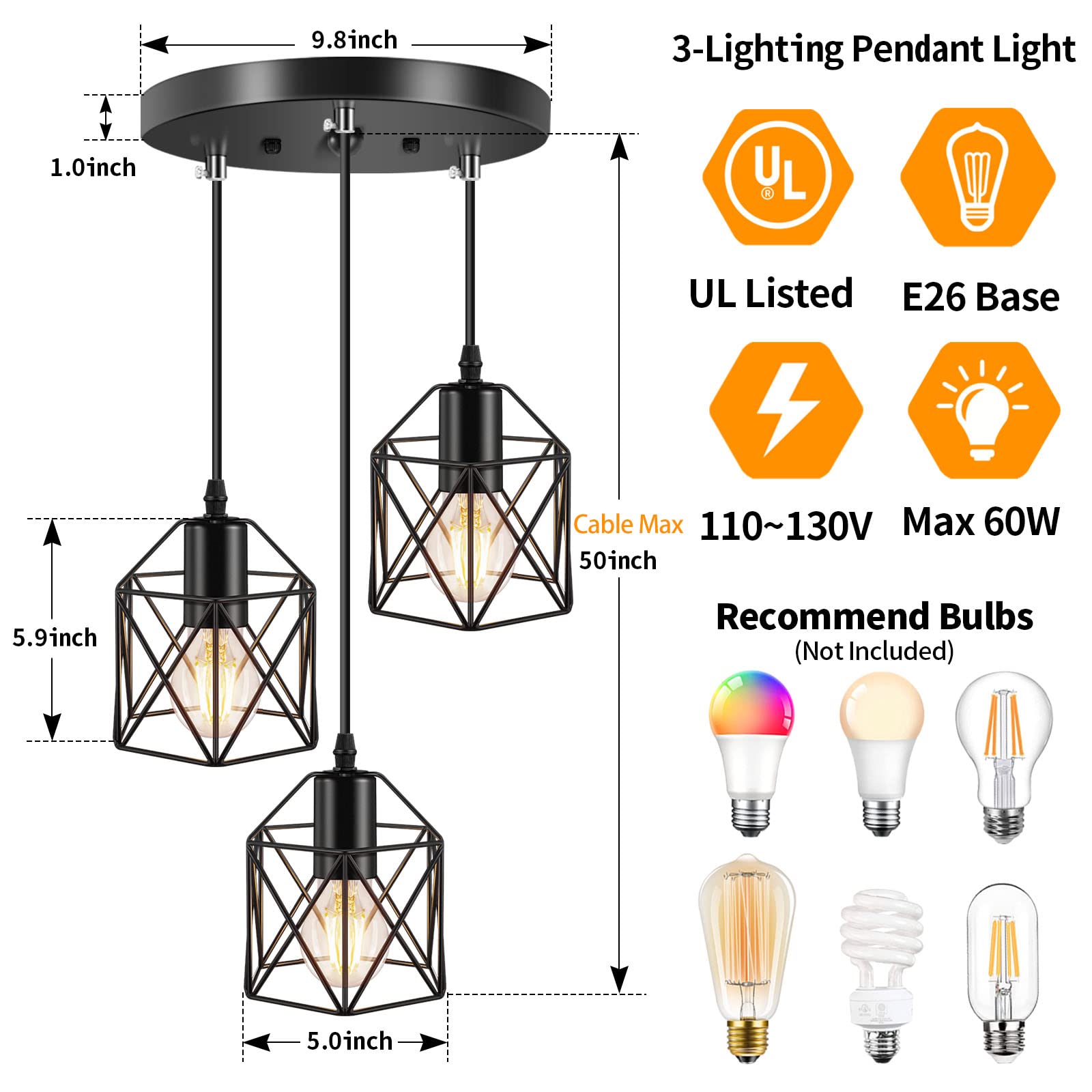 Licperron Industrial 3-Light Pendant Light, Adjustable Kitchen Hanging Ceiling Light Fixtures with Metal Cage, Black Farmhouse Pendant Lighting for Kitchen Island Dining Room Hallway, E26 Base