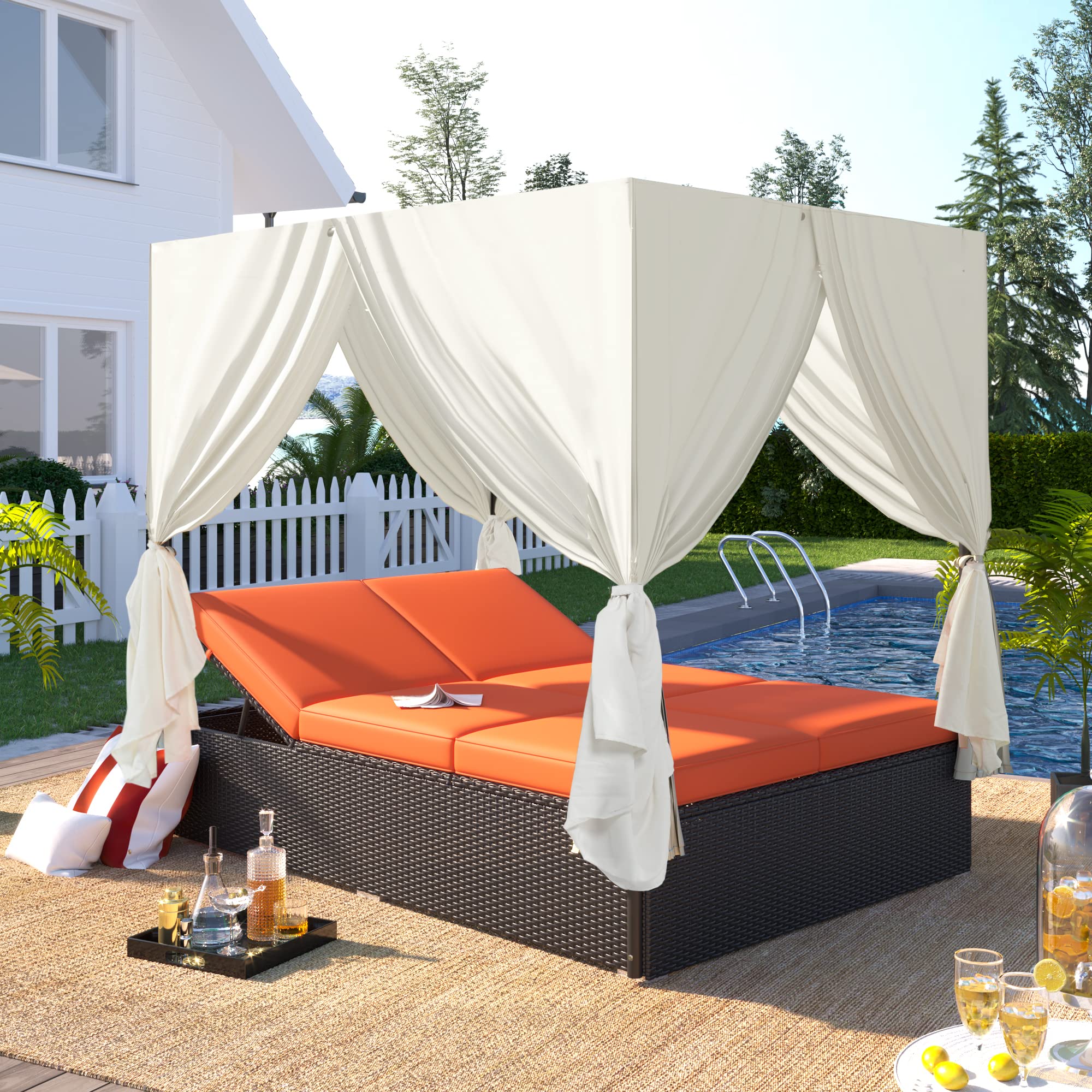 Merax Outdoor Patio Wicker Sunbed Daybed with Canopy, Overhead Curtains, Cushions, Lounge Chairs with Adjustable Seats, 53.5", Orange