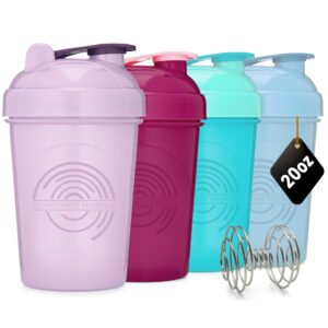 GOMOYO 4-Pack - 20 Ounce Shaker Bottle, Protein Shaker Whisk, Bulk Protein Drink and Pre-Workout Shaker Cups, Dishwasher Safe & BPA Free