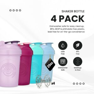 GOMOYO 4-Pack - 20 Ounce Shaker Bottle, Protein Shaker Whisk, Bulk Protein Drink and Pre-Workout Shaker Cups, Dishwasher Safe & BPA Free