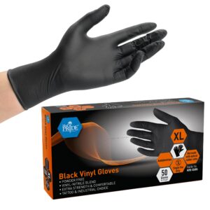 med pride extra strength vinyl disposable gloves, large 50 pack - black ambidextrous powder & latex-free surgical gloves for tattoo artists, cleaners, food prep, home & industrial use