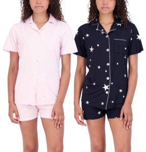 real essentials 2 pack: women's plus size just my short sleeve button up pajama set summer pj soft cute ladies sleep wear night lounge notch collar top shorts pajamas satin pyjama sets- set 4, 2x