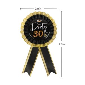 Satin Fabric Dirty 30 Birthday Tinplate Badge Pins, for Women 30th Birthday Rosette - Birthday Badges Brooch Buttons - 30th Birthday Award Ribbon - Black&Golden