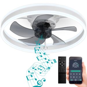 dewshrimp flush mount ceiling fan with lights bladeless ceiling fan with bluetooth speaker app and remote control low profile ceiling fan led stepless dimming 3 colors 6 speeds reversible 19.8