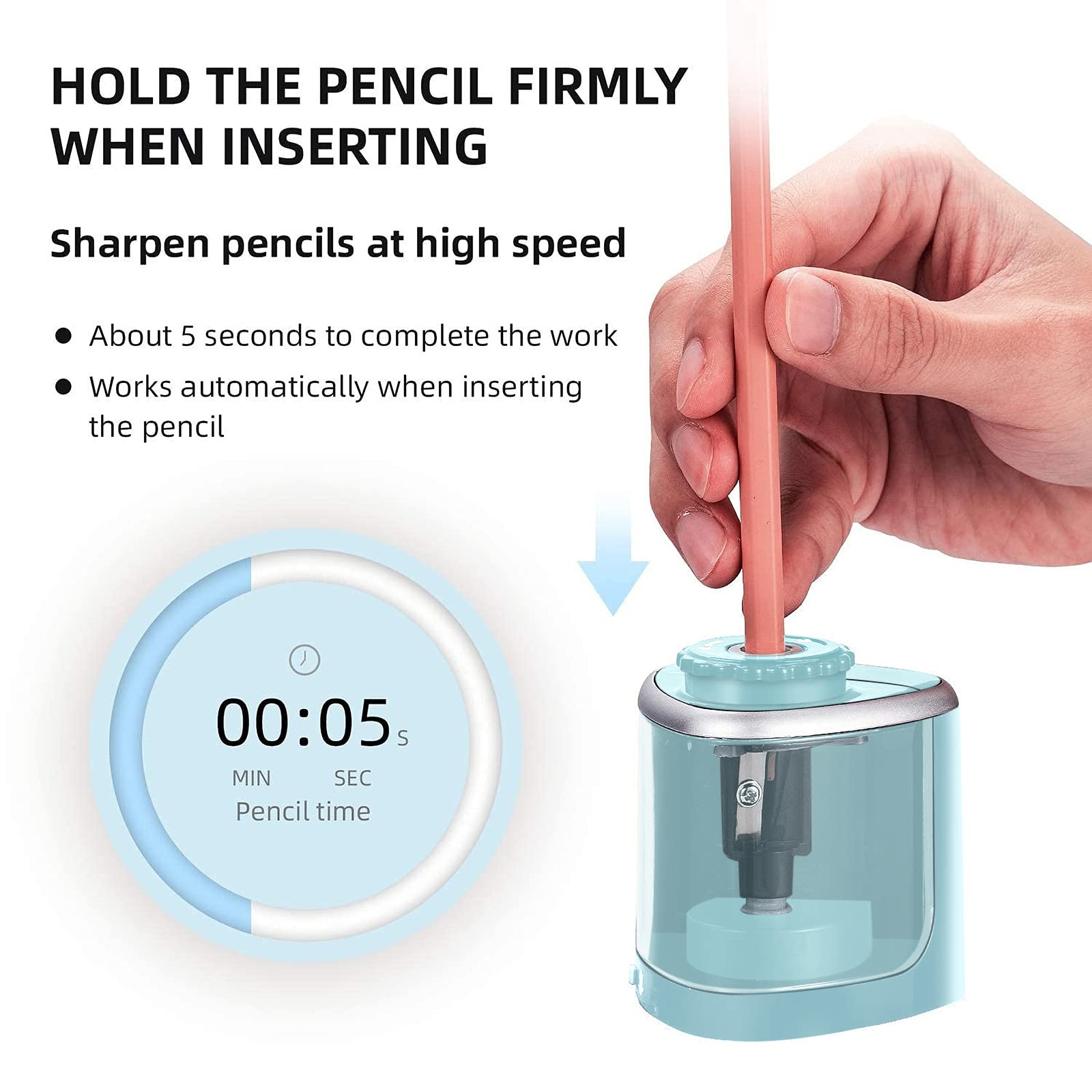 Aogwat Pencil Sharpener Electric Pencil Sharpeners, Portable Pencil Sharpener Kids, Blade to Fast Sharpen, Suitable for No.2/Colored Pencils(6-8mm)/School Pencil Sharpener/Classroom/Office/Home (Blue)