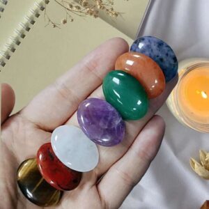 LAIDANLA 7Pcs Healing Crystals Palm Stone Set Oval Amethyst Clear Quartz Tiger Eye Sodalite Chakra Crystal Polished Natural Stones Pocket Gemstone for Meditation Relief Anxiety Stress