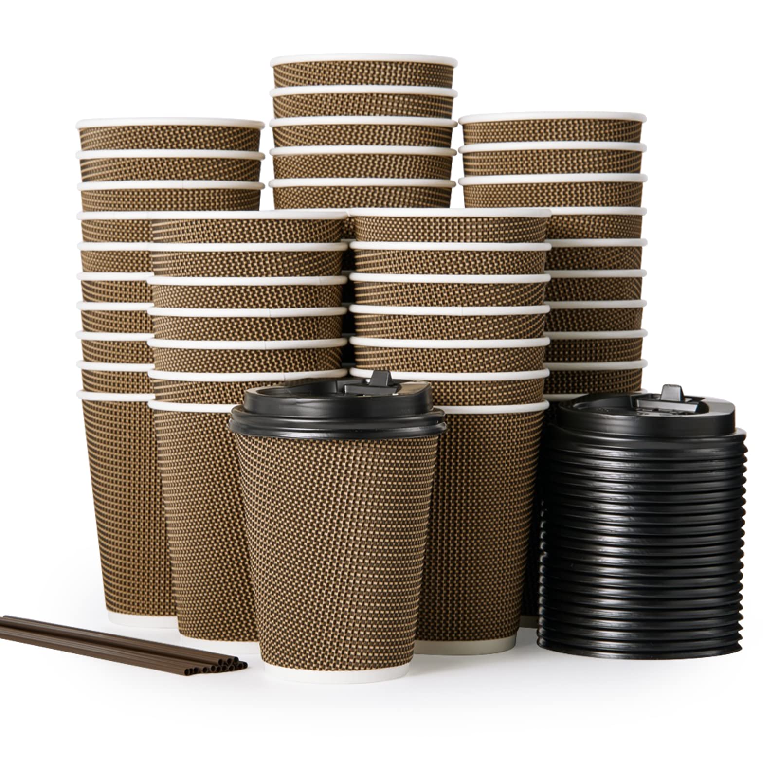 LITOPAK 80 Pack 12 oz Paper Coffee Cups, Insulated Ripple Wall Paper Cups with Lid and Straws, Three Layer Insulated Hot Beverage Cups for Drinks, Coffee Cups for Parties, Picnic, and Travel.