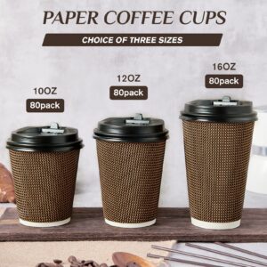 LITOPAK 80 Pack 12 oz Paper Coffee Cups, Insulated Ripple Wall Paper Cups with Lid and Straws, Three Layer Insulated Hot Beverage Cups for Drinks, Coffee Cups for Parties, Picnic, and Travel.