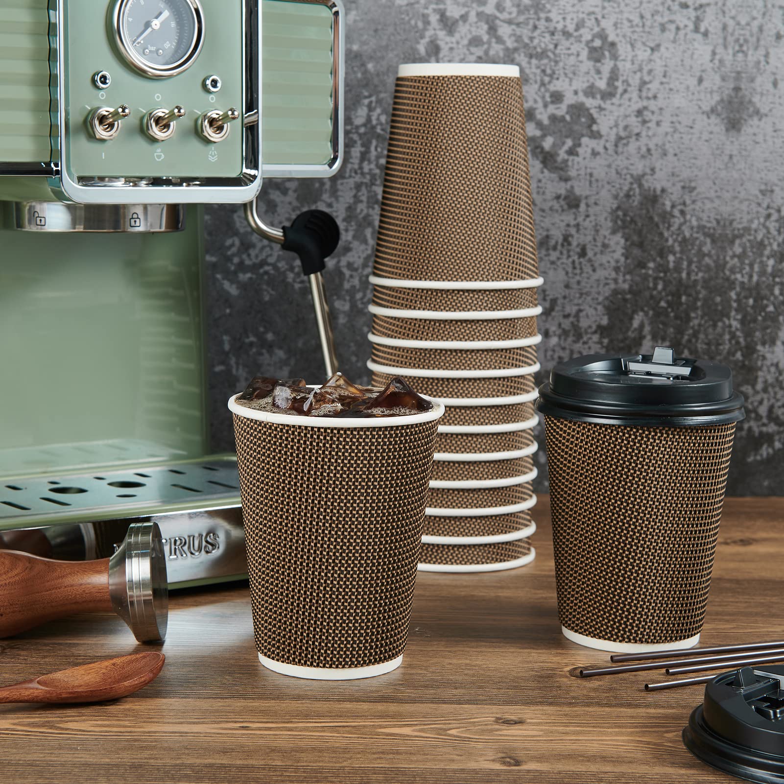 LITOPAK 80 Pack 12 oz Paper Coffee Cups, Insulated Ripple Wall Paper Cups with Lid and Straws, Three Layer Insulated Hot Beverage Cups for Drinks, Coffee Cups for Parties, Picnic, and Travel.