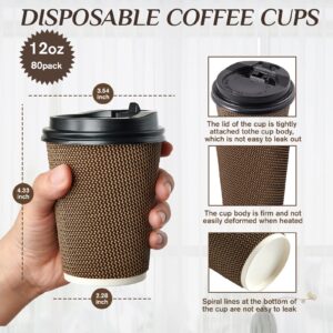 LITOPAK 80 Pack 12 oz Paper Coffee Cups, Insulated Ripple Wall Paper Cups with Lid and Straws, Three Layer Insulated Hot Beverage Cups for Drinks, Coffee Cups for Parties, Picnic, and Travel.