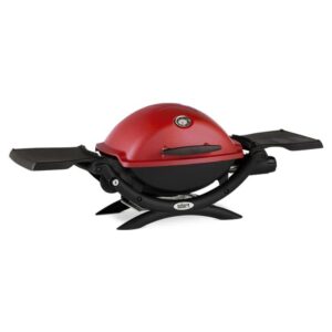 Weber Q1200 Liquid Propane Grill (Red) Bundle with Portable Cart, Adapter Hose and Grill Cover (4 Items)