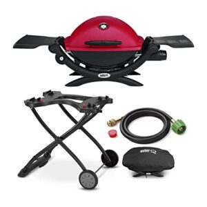 Weber Q1200 Liquid Propane Grill (Red) Bundle with Portable Cart, Adapter Hose and Grill Cover (4 Items)