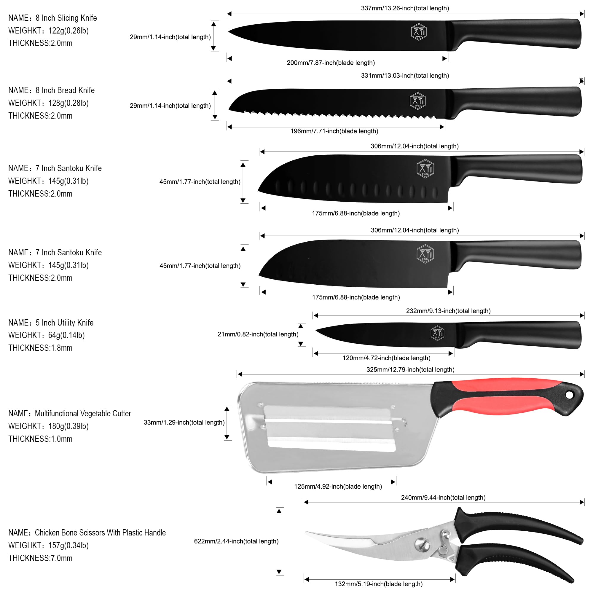 XYJ Authentic Since1986,Professional Knife Sets for Master Chefs,Cooking Knife Set with Chef Bag,Case,Scissors,Sharpener,Culinary Butcher Cleaver,Kitchen Utility,Paring,Santoku