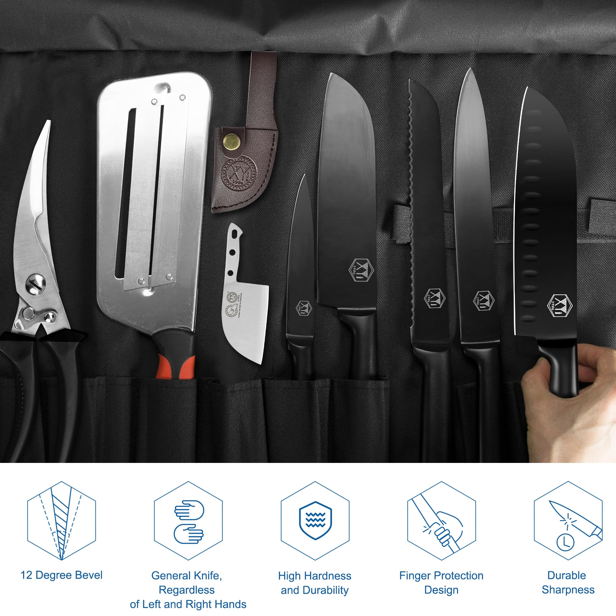 XYJ Authentic Since1986,Professional Knife Sets for Master Chefs,Cooking Knife Set with Chef Bag,Case,Scissors,Sharpener,Culinary Butcher Cleaver,Kitchen Utility,Paring,Santoku