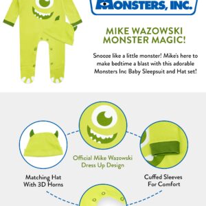 Disney Monsters Inc Baby Onesie With Hat| Mike Wazowski Baby Halloween Costume | Monsters Inc Baby Footed Pajamas and Hat | Green 6-9M