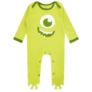 Disney Monsters Inc Baby Onesie With Hat| Mike Wazowski Baby Halloween Costume | Monsters Inc Baby Footed Pajamas and Hat | Green 6-9M