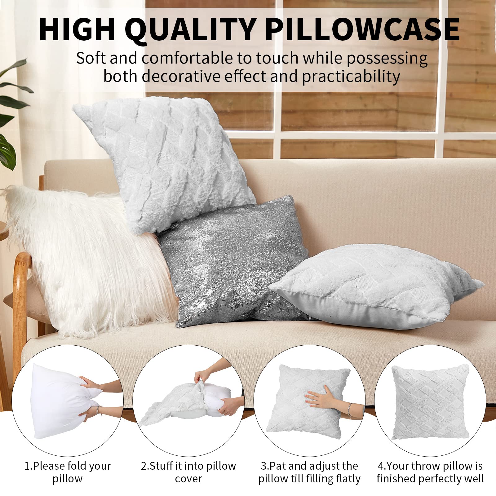 Frienda 6 Pcs Sequin Throw Pillow Covers and Fluffy Pillow Cases Plush Short Wool Velvet Decorative Throw Pillow Covers Faux Fur Throw Pillow Covers for Couch Bed 18 x 18 Inch (Grey, Silver, White)