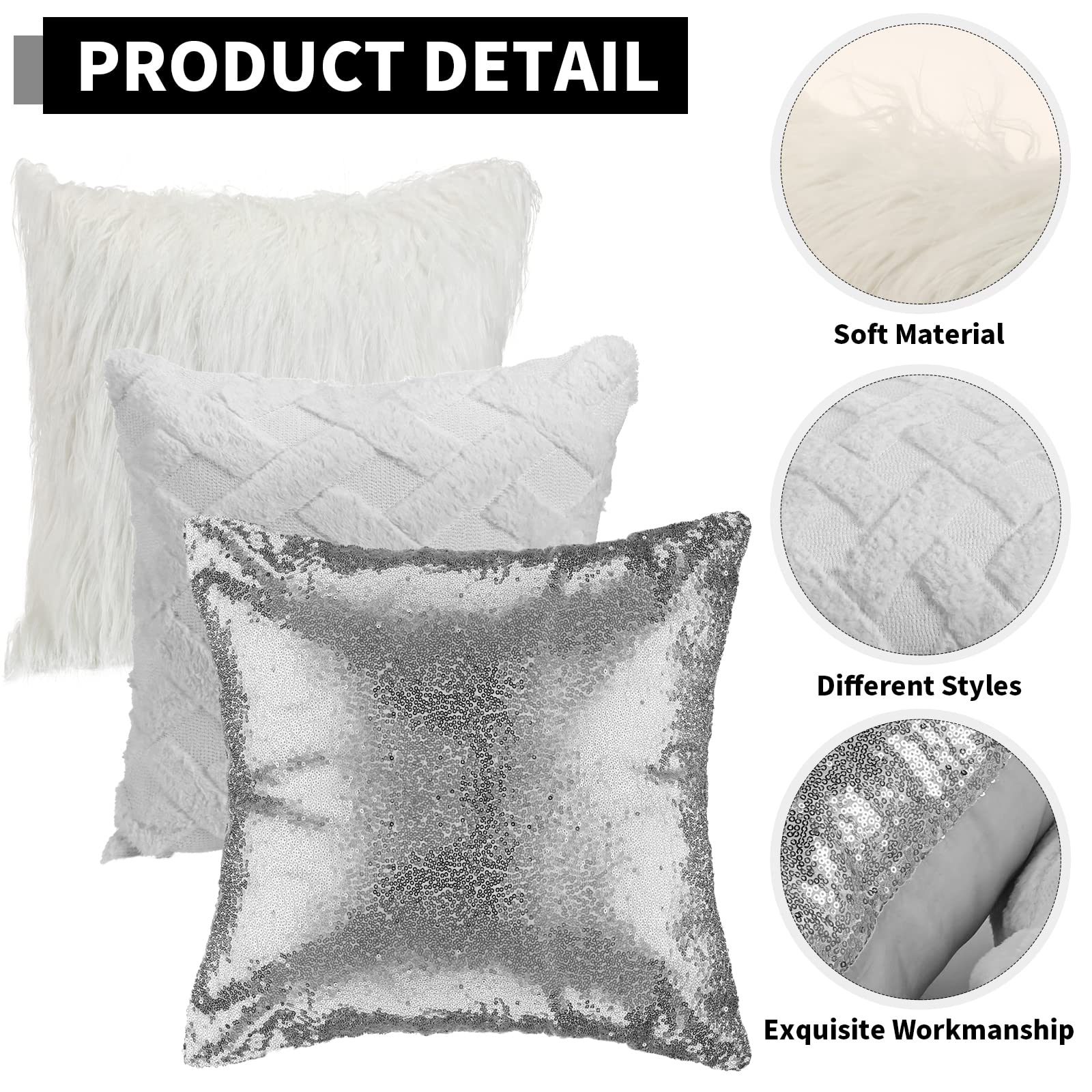 Frienda 6 Pcs Sequin Throw Pillow Covers and Fluffy Pillow Cases Plush Short Wool Velvet Decorative Throw Pillow Covers Faux Fur Throw Pillow Covers for Couch Bed 18 x 18 Inch (Grey, Silver, White)