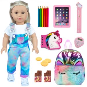 dontno american 18 inch doll accessories, cute school supplies set for 18 inch doll- doll clothes, denim suspenders, doll bag, pencil, ruler, american doll for kids