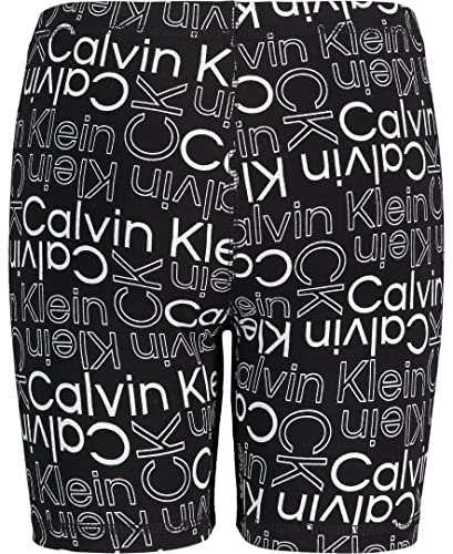 Calvin Klein Girls' Performance Bike Shorts, Soft & Stretchy with Flat Waistband & Snug Fit, Black Logo Toss, 12-14