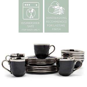 Elanze Designs 16-Piece Metallic Bubble Porcelain Ceramic Plates Bowls Mugs Dinnerware Set - Service for 4, Black With Silver Accents