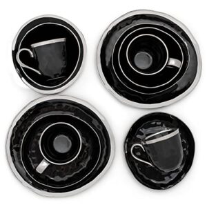 Elanze Designs 16-Piece Metallic Bubble Porcelain Ceramic Plates Bowls Mugs Dinnerware Set - Service for 4, Black With Silver Accents