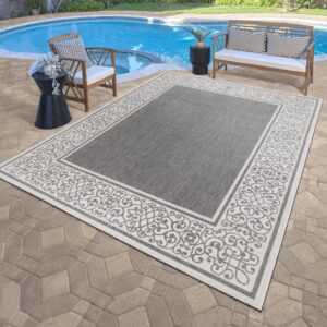 Gertmenian Indoor Outdoor Classic Flatweave Area Rug, Stain & UV Resistant Carpet, Deck, Patio, Poolside & Mudroom, 8x10 Ft Large, Abstract Border, Dark Grey White, 22947