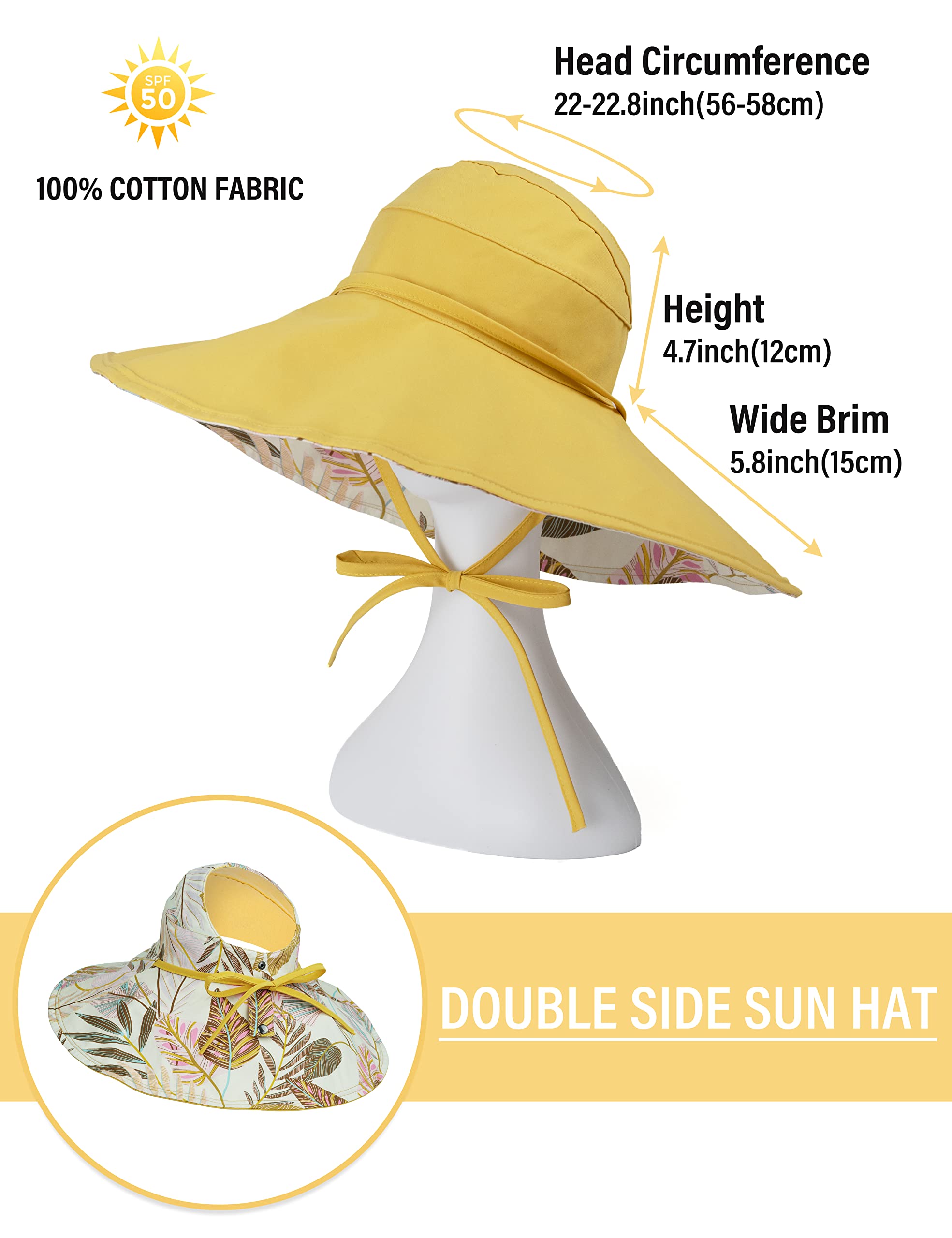 Koreshion Women Ponytail Sun Hat Reversible Fishing Hat Foldable Bowknot Summer Hat UPF 50+ Beach Cap Wide Brim Bucket Hat Yellow