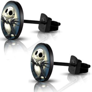 siispri 316l surgical stainless steel halloween jack skellington round circle button stud post earrings 10mm (black-blue)