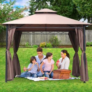 Outdoor Double Roof Hardtop 10' X 10'Gazebo for Patio Grill,Gazebo Large Garden Top Gazebo with Sidewall Party Tent with Curtains & Net（Brown）