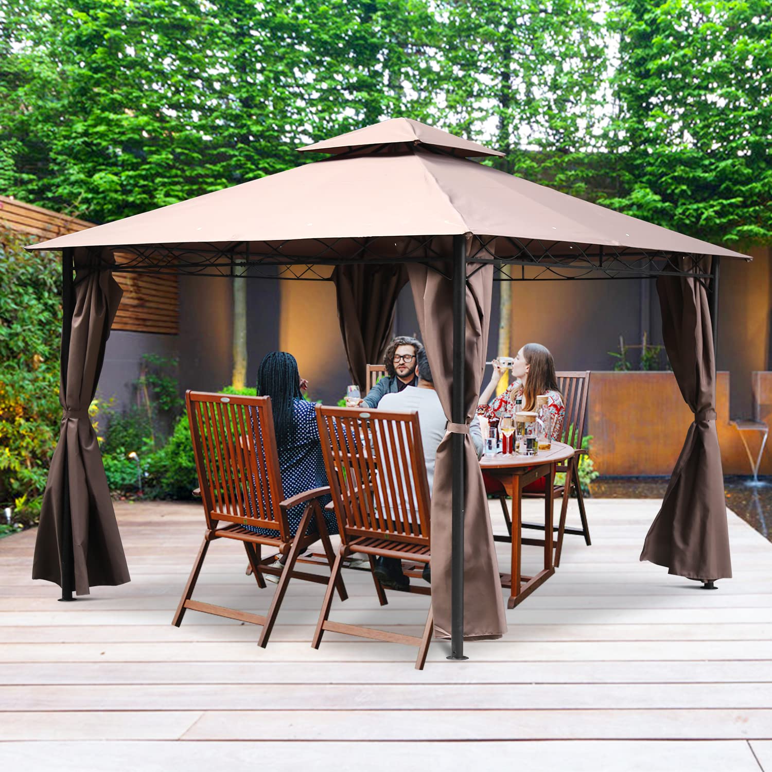 Outdoor Double Roof Hardtop 10' X 10'Gazebo for Patio Grill,Gazebo Large Garden Top Gazebo with Sidewall Party Tent with Curtains & Net（Brown）